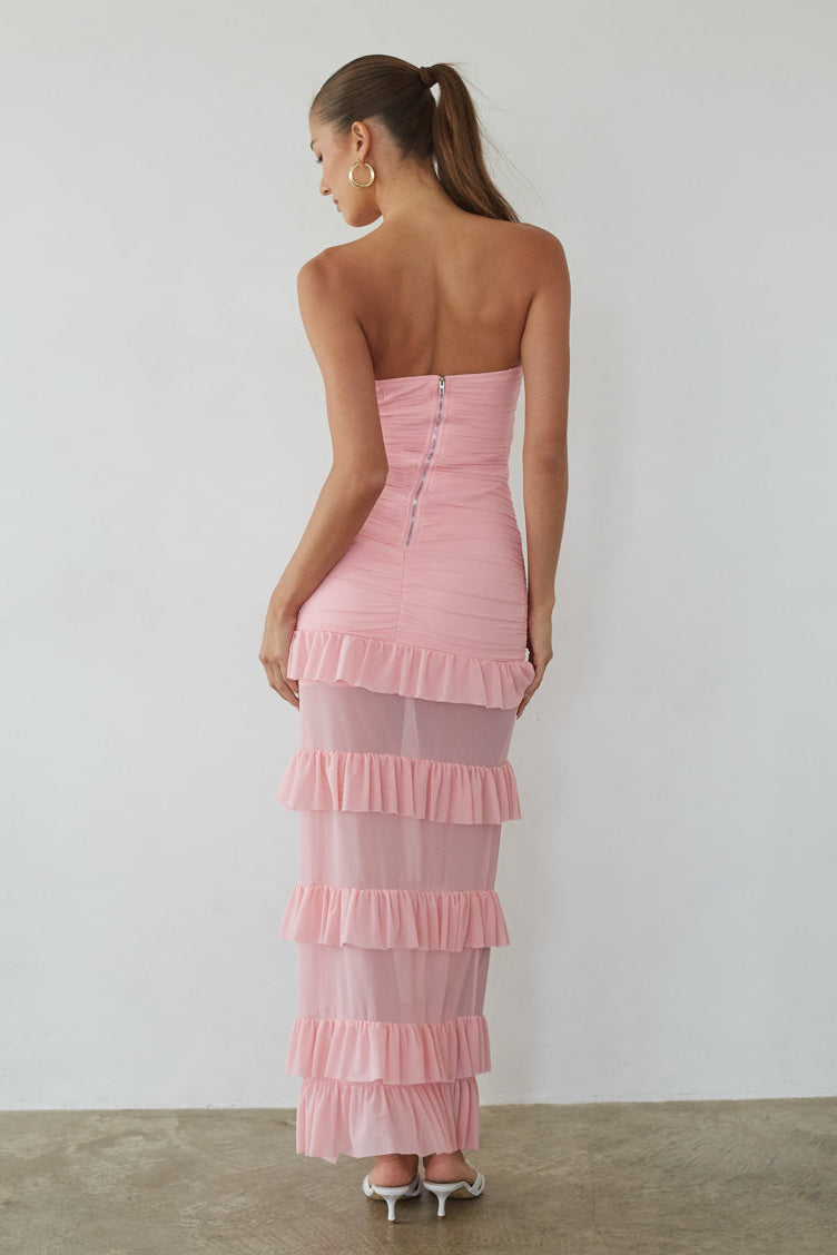 Joss Mesh Ruffle Maxi Dress | Shop American Threads Boutique Pink / L Joss Mesh Ruffle Maxi Dress | Shop American Threads Boutique Pink / L