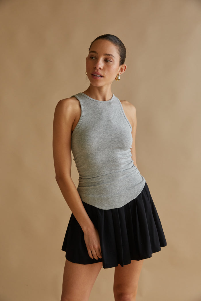 heather grey scoop neck ribbed tank with rounded hem | ruched tank top