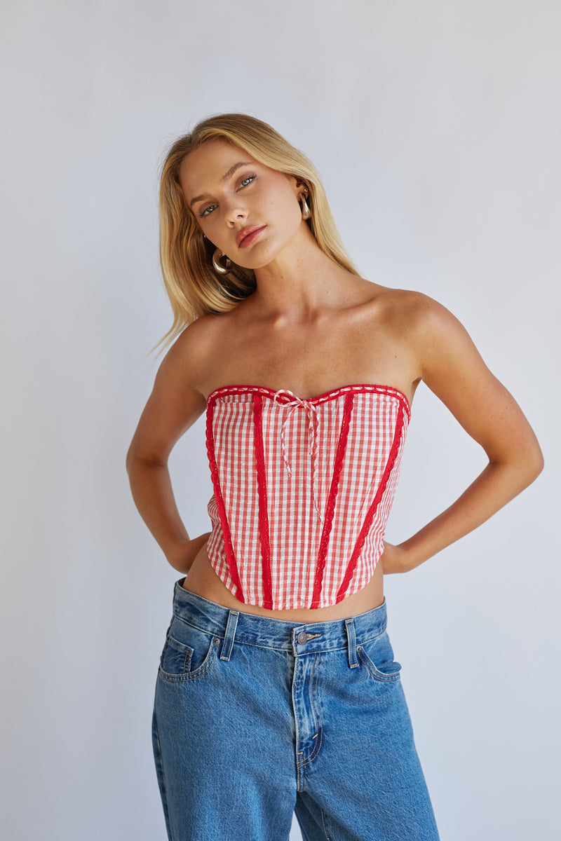 Kacey Lace Gingham Front Tie Corset – American Threads