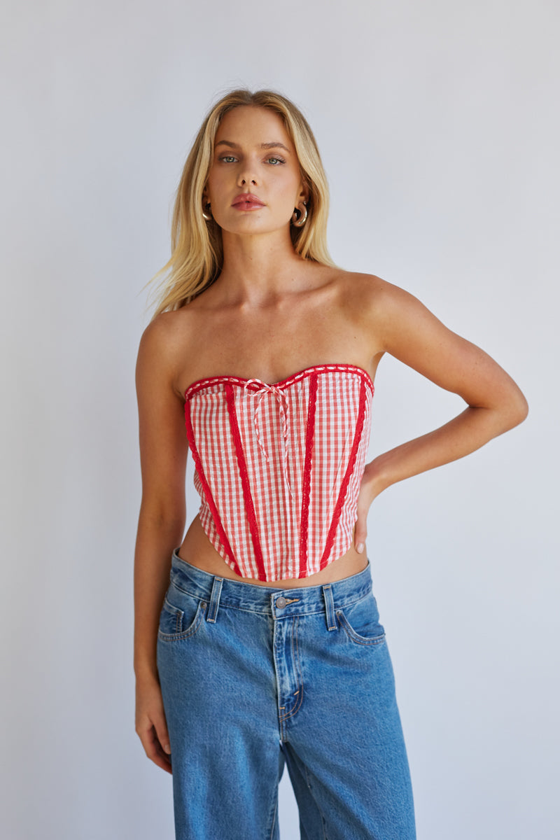 Kacey Lace Gingham Front Tie Corset – American Threads