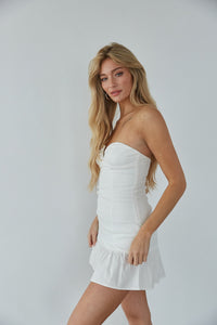 white strapless notch neck dress - white sorority rush mini dress - white bachelorette dress