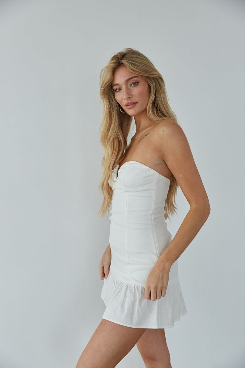 Kristen Strapless Notch Neck Mini Dress in White • American Threads Rush  Boutique – americanthreads