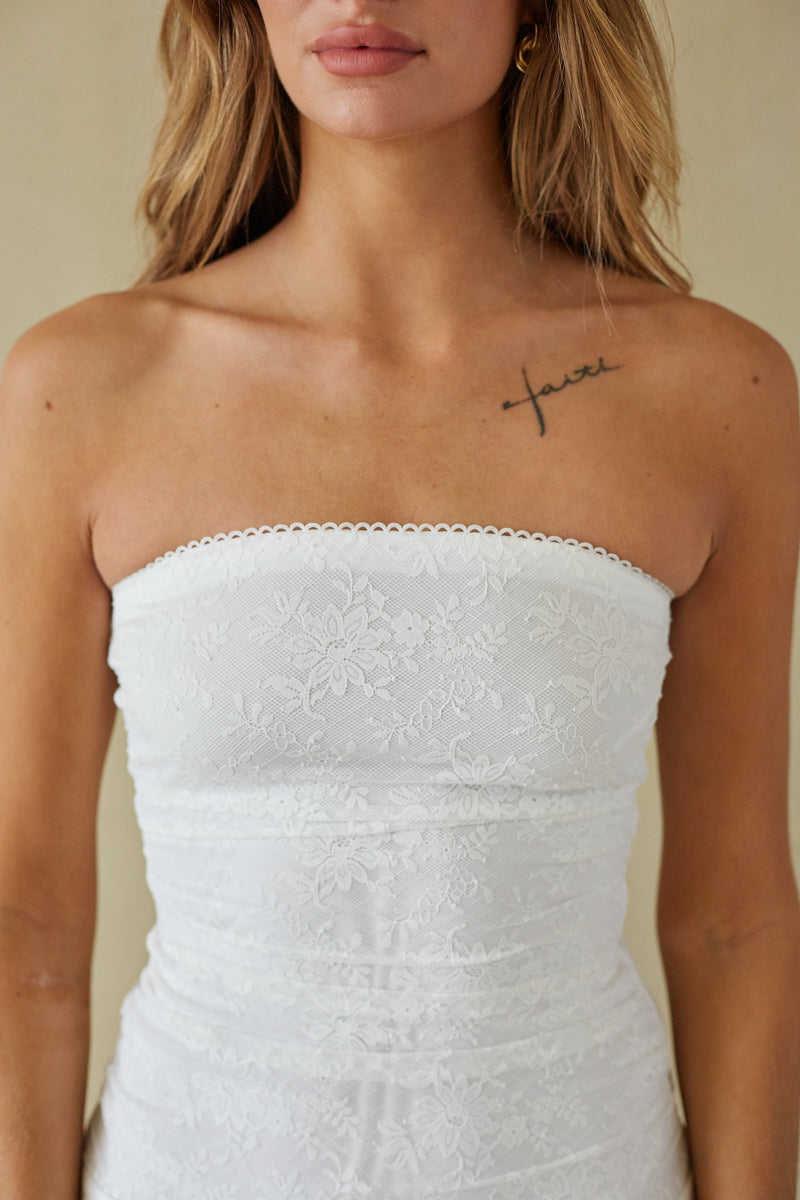 Kya Lace Ruched Mini Dress | Shop American Threads Boutique White / XS Kya Lace Ruched Mini Dress | Shop American Threads Boutique White / XS