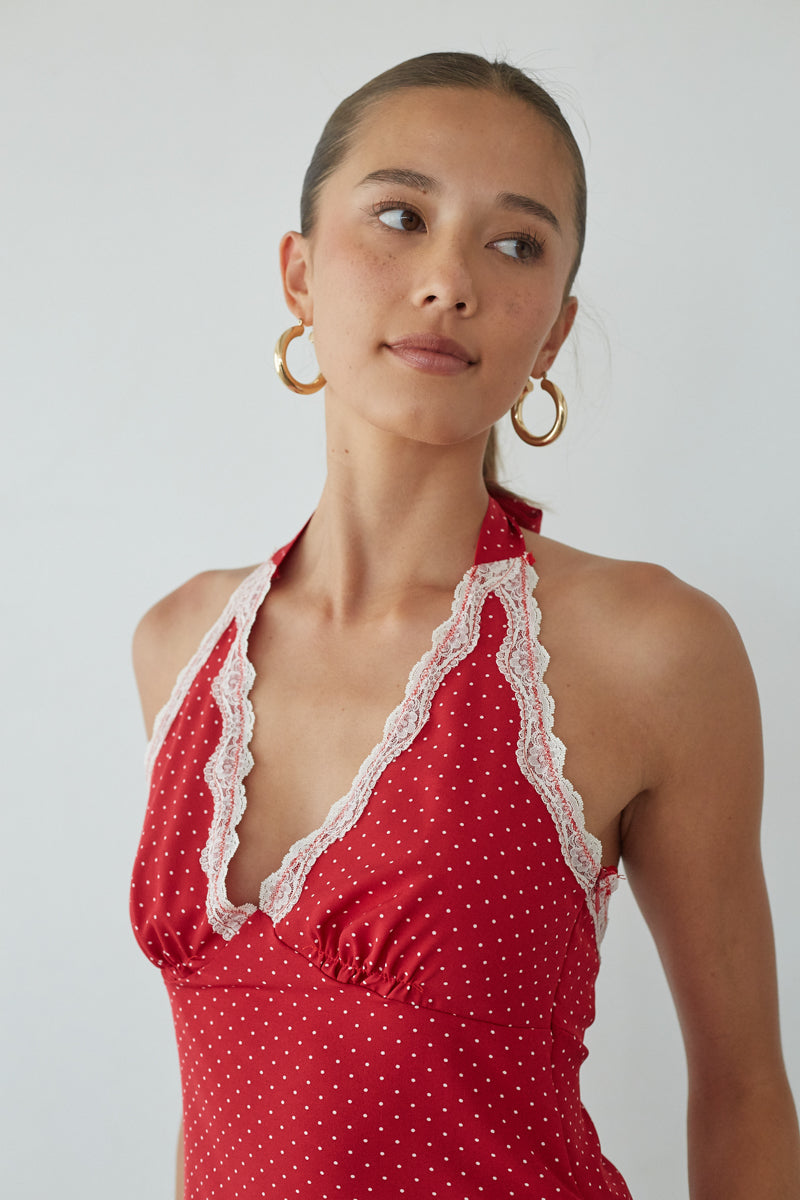 Leni Polka Dot Lace Halter Top | Shop American Threads Boutique Red + White / L Leni Polka Dot Lace Halter Top | Shop American Threads Boutique Red + White / L