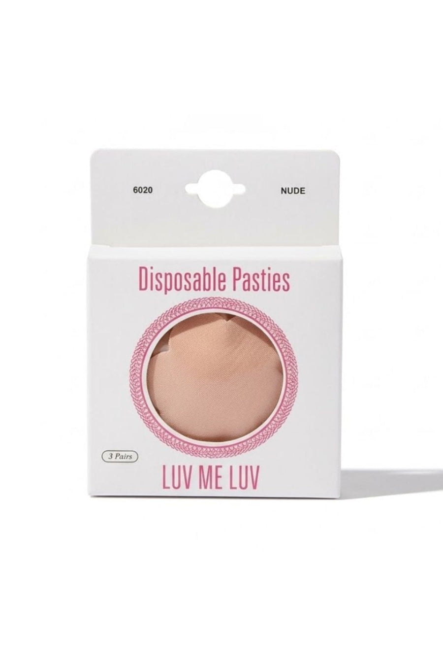 A package of three nude-colored disposable pasties in a white box with pink text and a circular cutout showing the product inside.