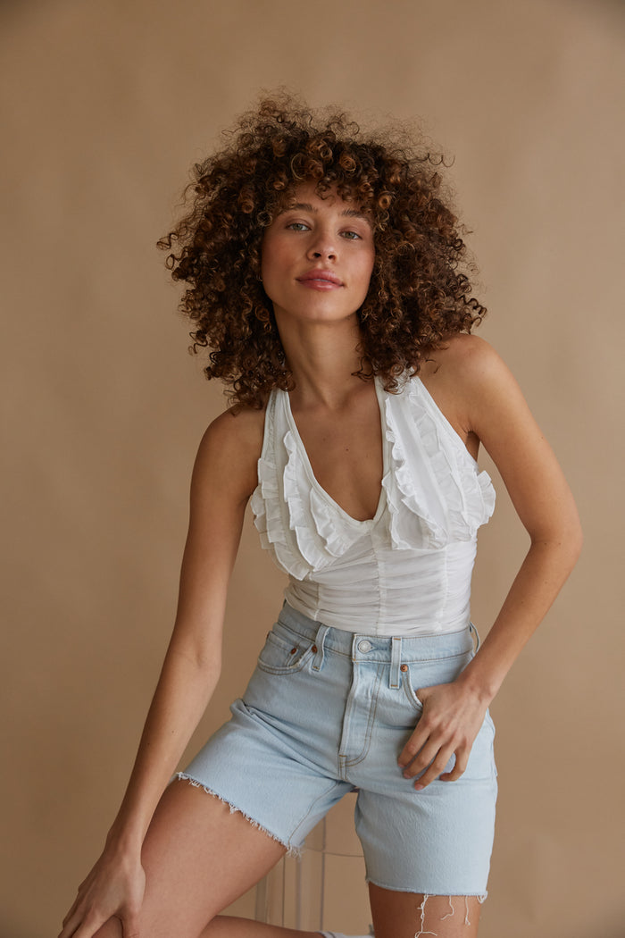 white ruffle halter crop top | unique tops for summer
