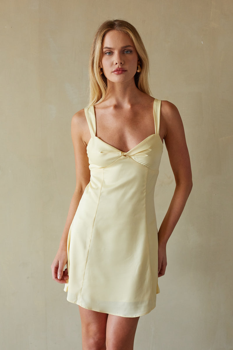 Lizzy Front Twist Tie Back Mini Dress | Twist Front Mini Dress | American Threads Butter Yellow / XS Lizzy Front Twist Tie Back Mini Dress | Twist Front Mini Dress | American Threads Butter Yellow / XS