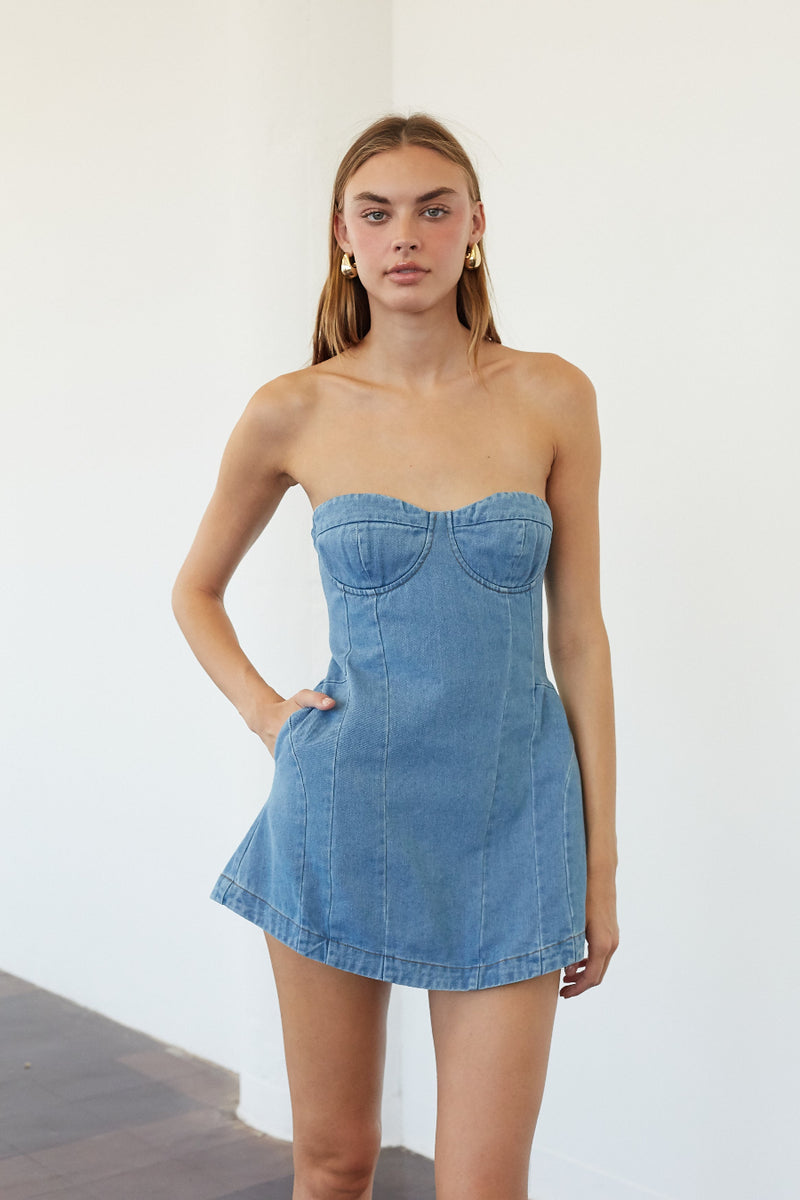 Lori Bustier Denim Romper Mini Dress