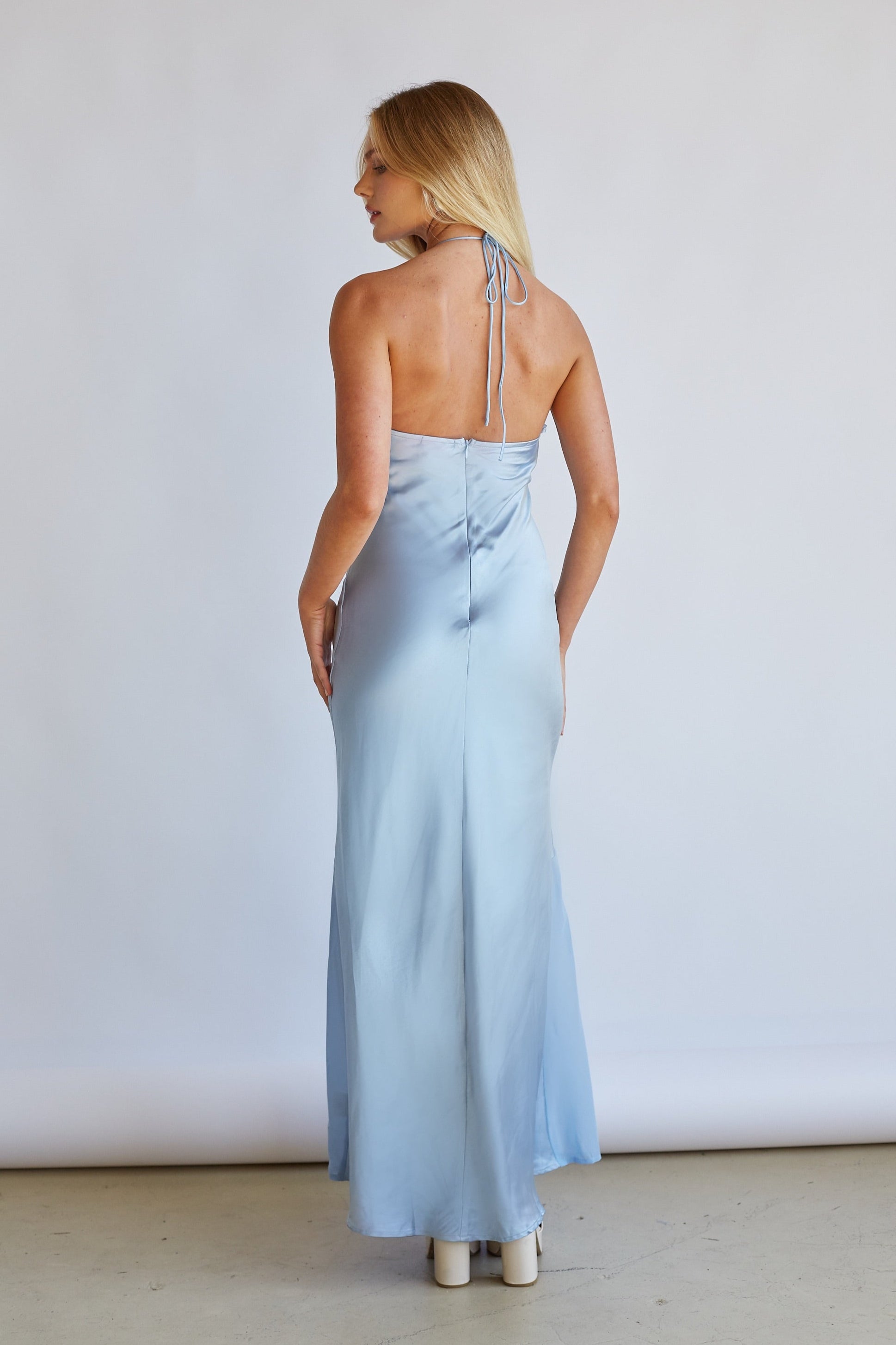 Lucinda Halter Satin Midi Dress • Shop American Threads Boutique Light Blue / S