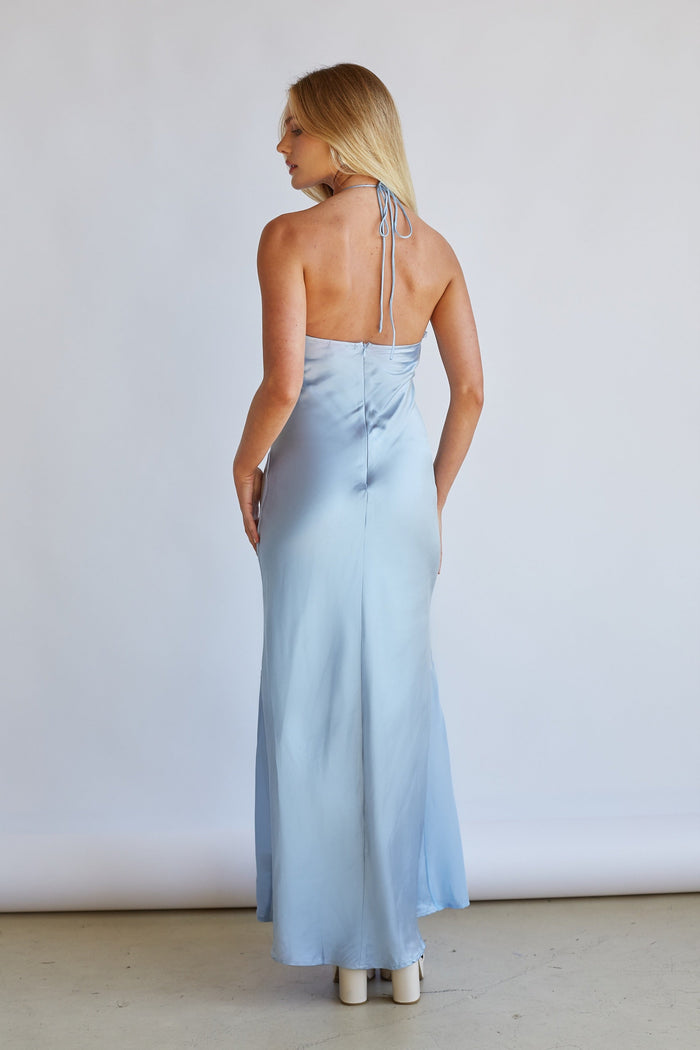 Lucinda Halter Satin Midi Dress Shop American Threads Boutique Light Blue / S Lucinda Halter Satin Midi Dress Shop American Threads Boutique Light Blue / S
