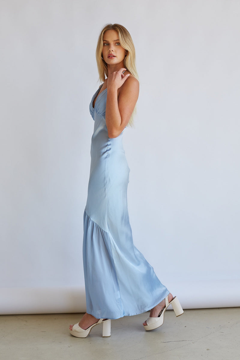Lucinda Halter Satin Midi Dress Shop American Threads Boutique Light Blue / S Lucinda Halter Satin Midi Dress Shop American Threads Boutique Light Blue / S