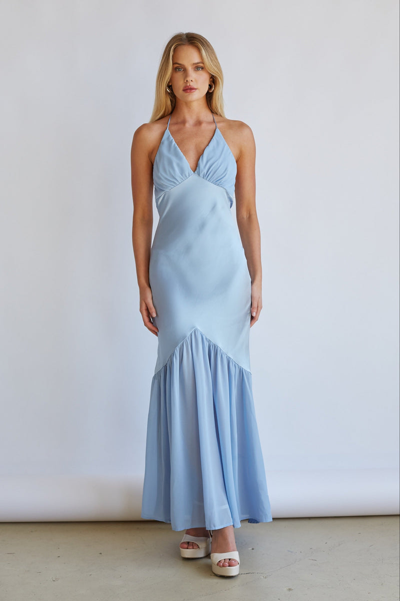 Lucinda Halter Satin Midi Dress Shop American Threads Boutique Light Blue / S Lucinda Halter Satin Midi Dress Shop American Threads Boutique Light Blue / S