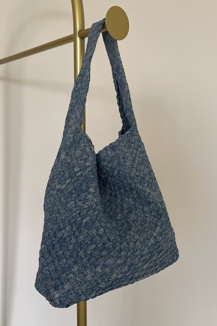 trendy faux denim woven knit tote bag