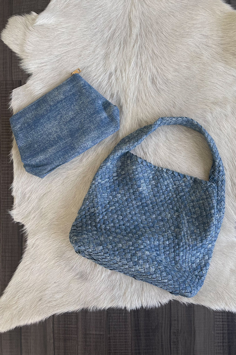 woven tote bag with matching cosmetic bag in denim pattern
