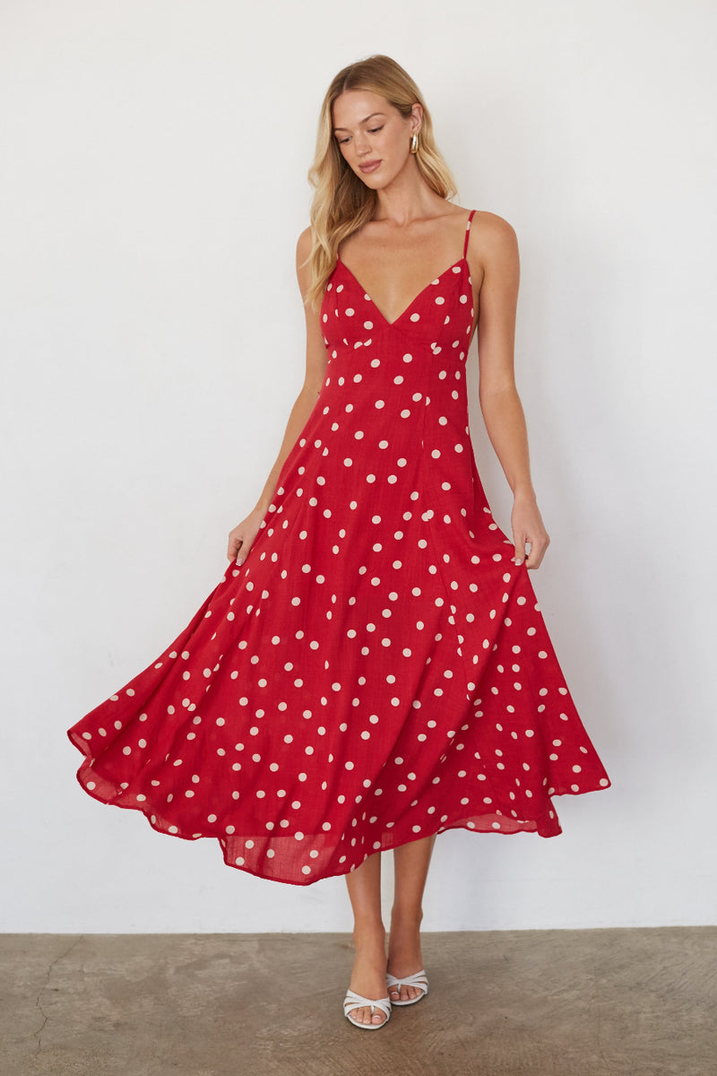 Minnie Polka Dot Midi Dress, Red / XS