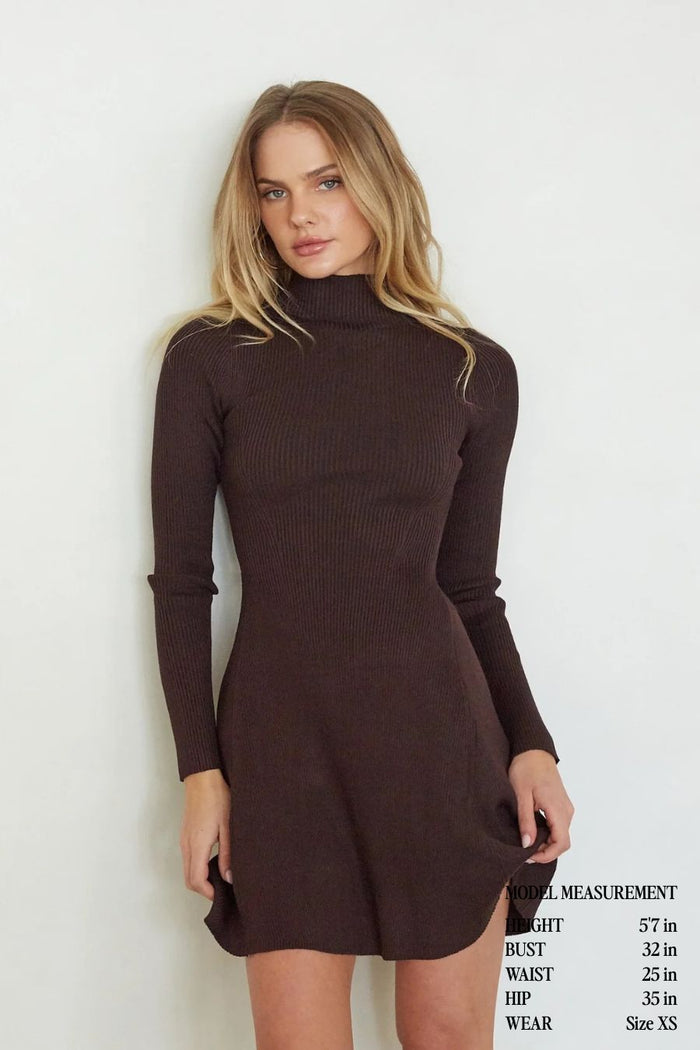 brown-image | Woman wearing a brown turtleneck dress against a white background