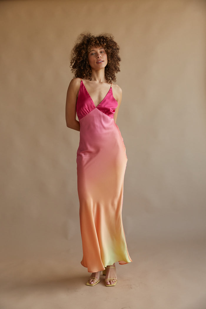 spaghetti strap hot pink ombre satin maxi dress | wedding guest maxi dress boutique