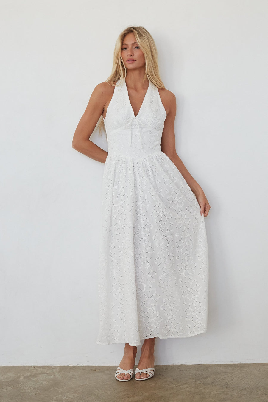 Natasha Eyelet Halter Midi Dress, White / XS