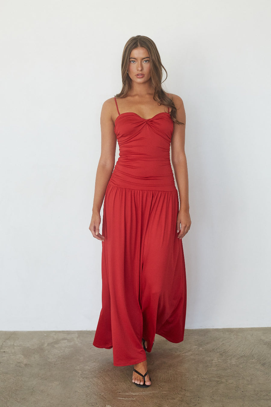 red-image | Red twist front drop waist maxi dress, front view on model
