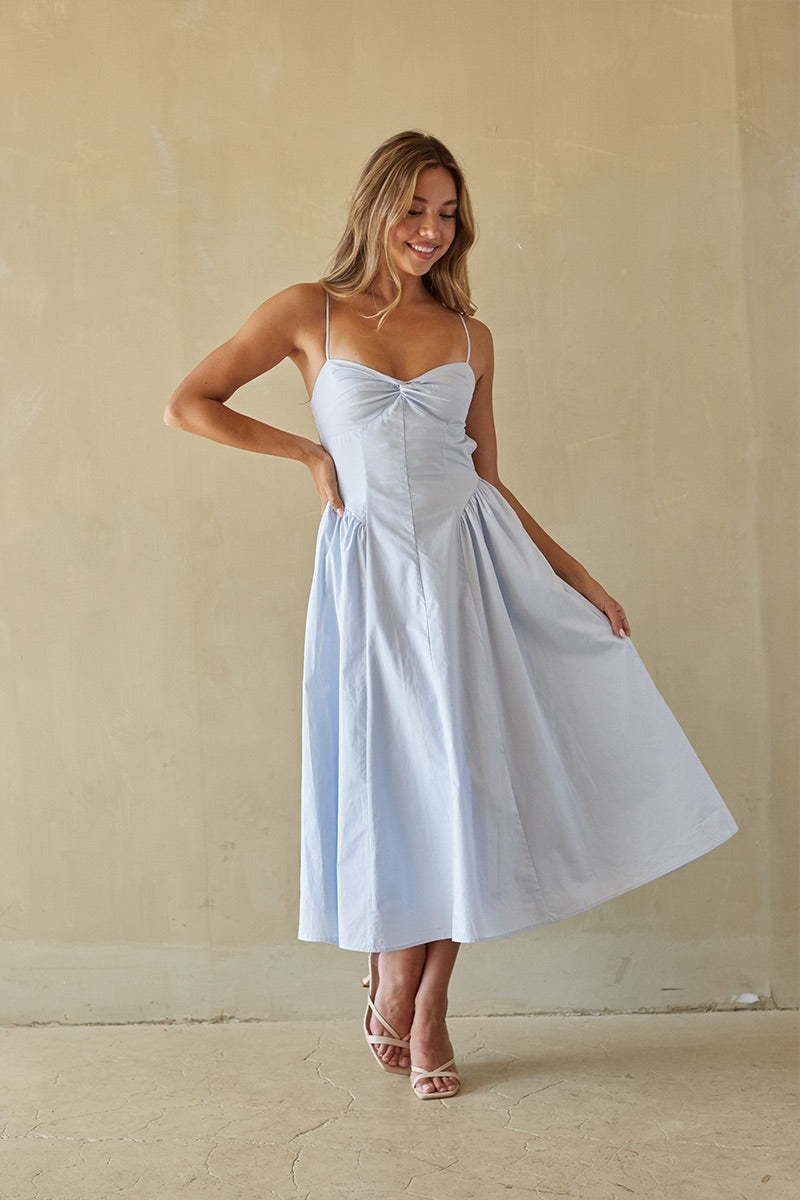 NIA Destene Open Back Midi Dress, Light Blue / M