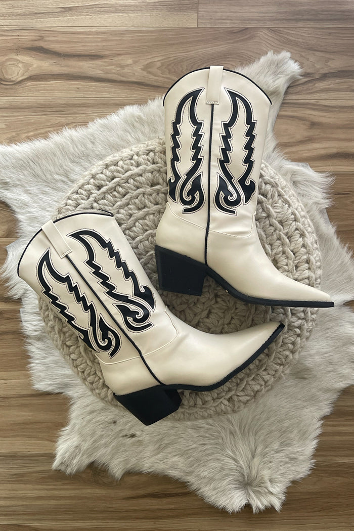 black and white contrast cowgirl boots | coachella shoes 2024