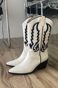 black and white embroidered leather mid rise boots | western cowgirl boots for everyday
