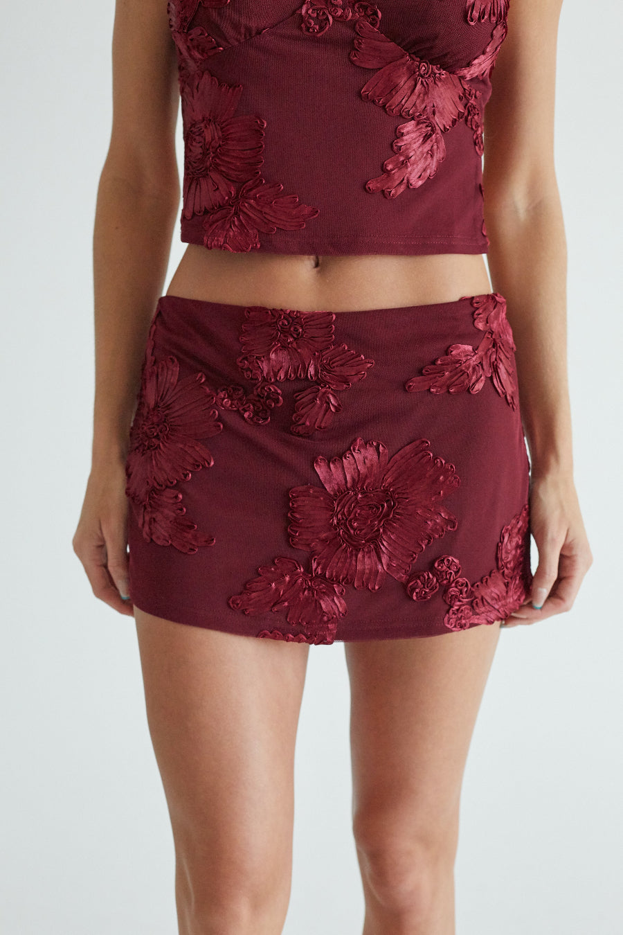 A model wearing a low-waisted mini skirt, both featuring 3D floral applique, against a plain light gray background.
