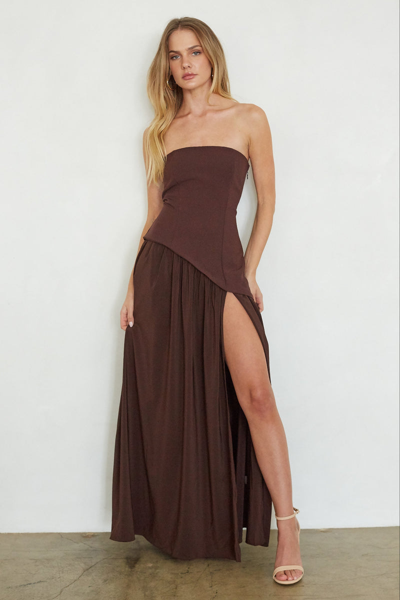 Retta Asymmetrical Maxi Dress | Shop American Threads Online Boutique Brown / XS Retta Asymmetrical Maxi Dress | Shop American Threads Online Boutique Brown / XS