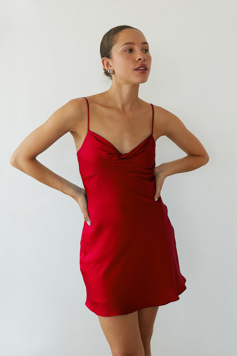 Raya Twist Front Satin Mini Dress, Red / L