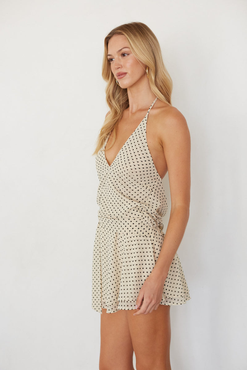 Sabina Polka Dot Mini Romper Dress, Cream / XS