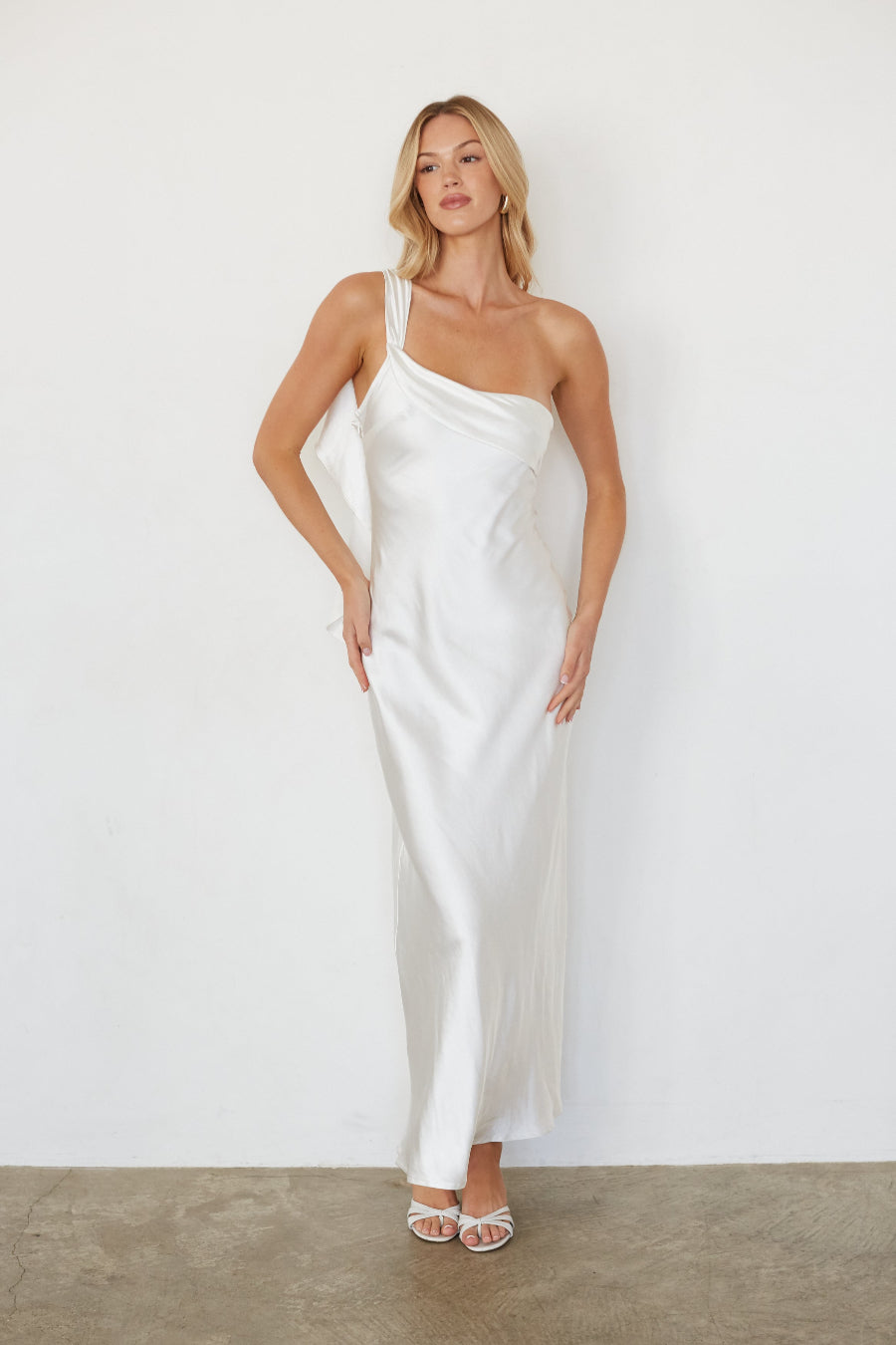 white one shoulder maxi dress Blue Olivia high leg split and invisible back zip LARSEN ONE SHOULDER MAXI DRESS