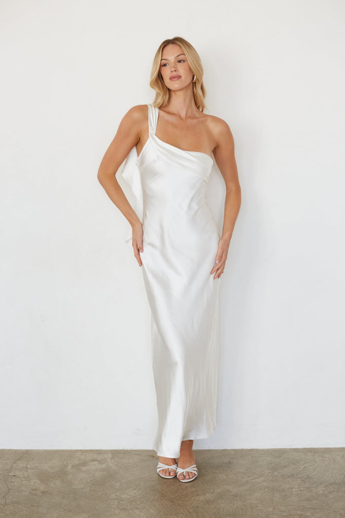 white one shoulder maxi dress Sarahi Ruffle Strap Maxi Dress