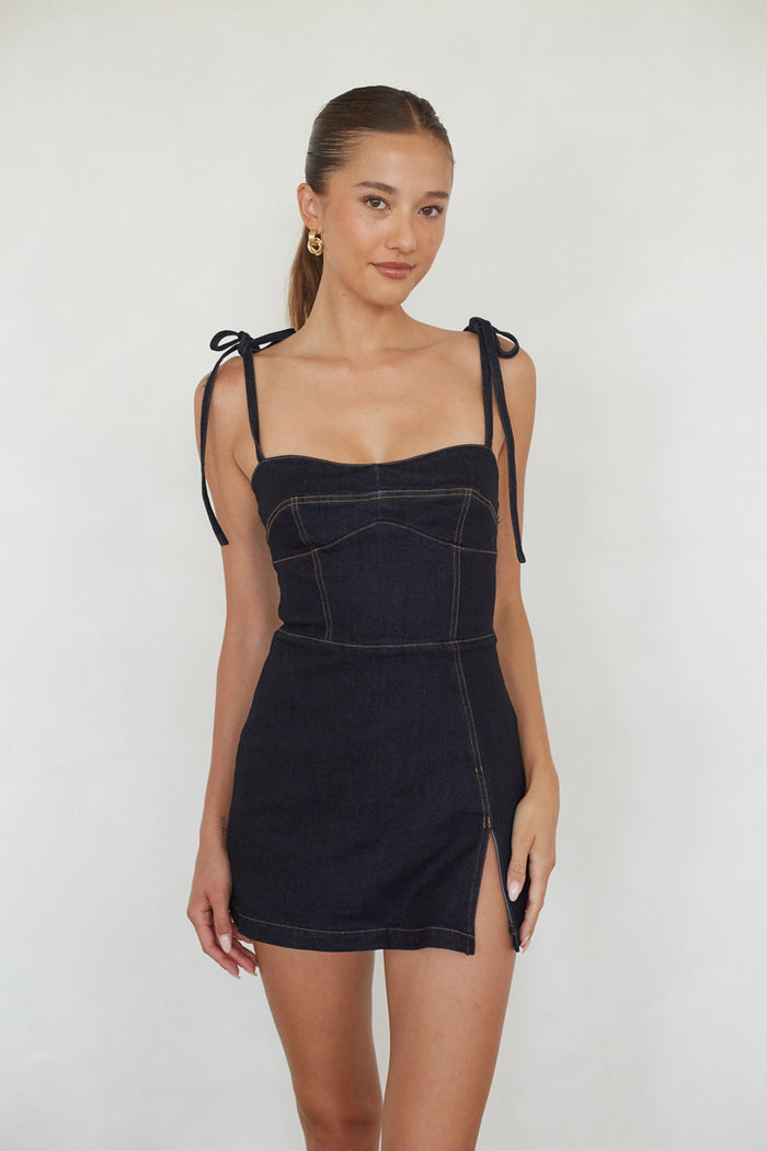 Saylor Denim Mini Dress | Shop American Threads Boutique Dark Denim / L Saylor Denim Mini Dress | Shop American Threads Boutique Dark Denim / L