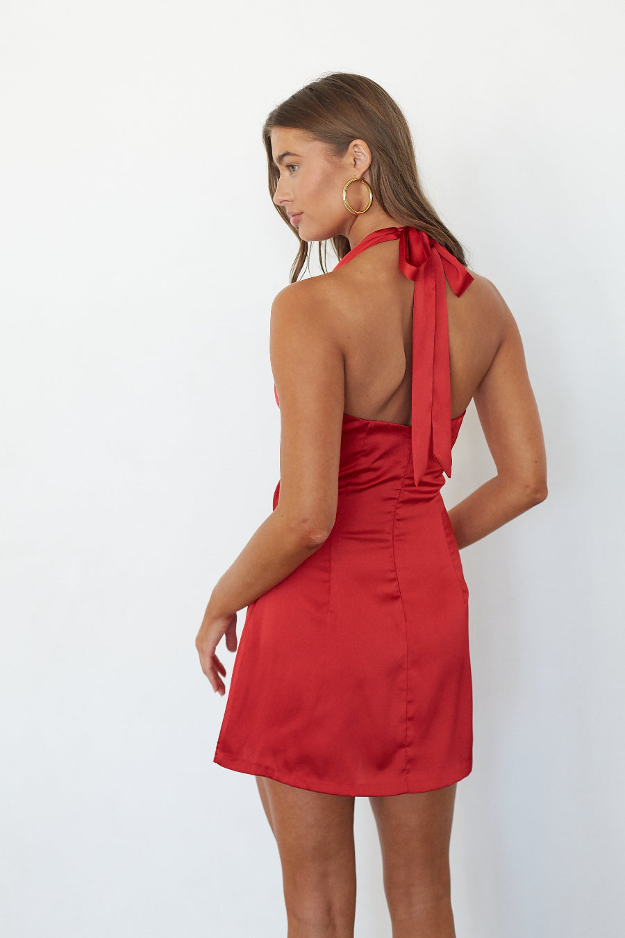 Red satin mini dress, open back view with tie closure