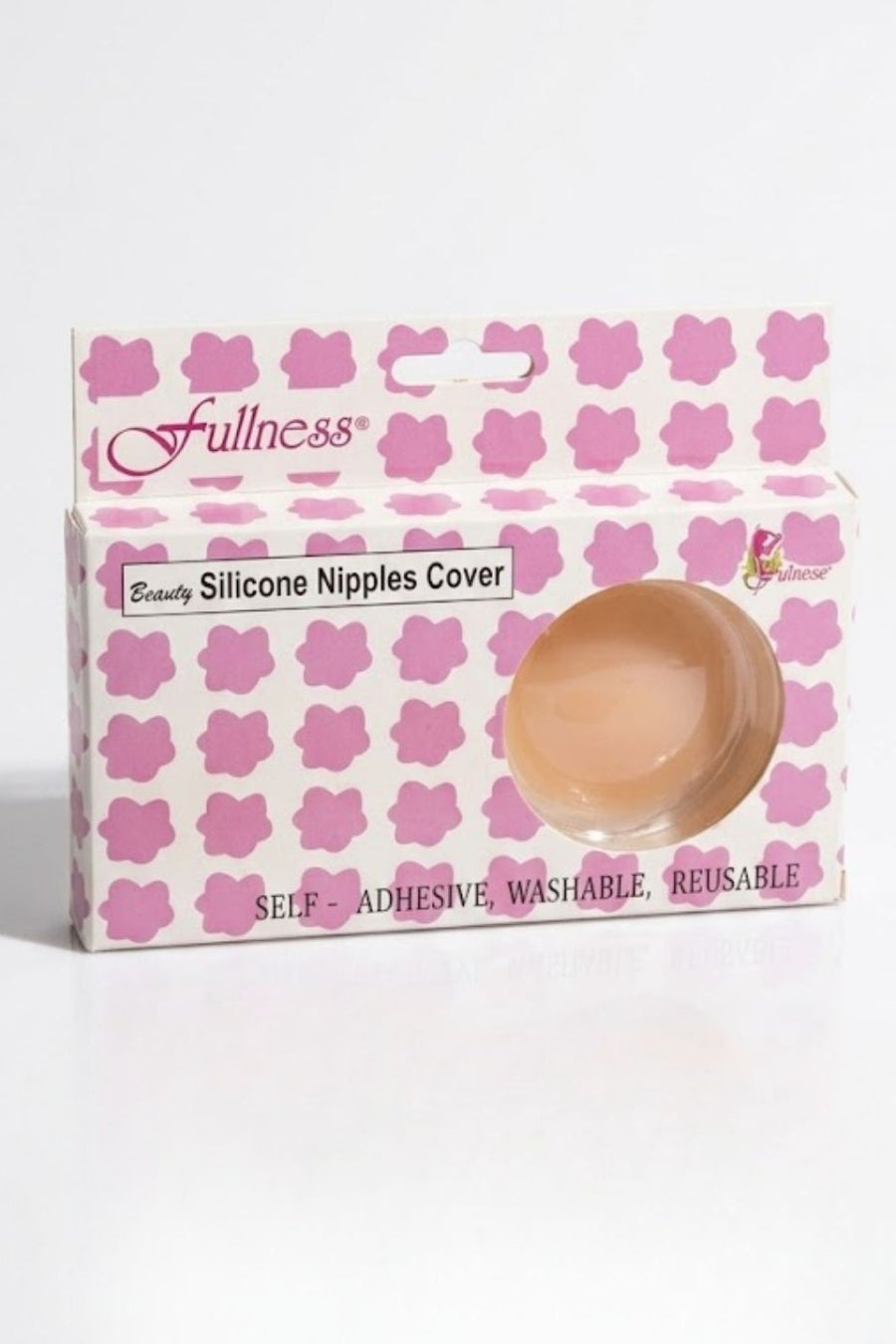 Fullness brand 'Breastily Silicone Nipples Cover' in its retail packaging, featuring a pink and white patterned box with a clear window showing the beige silicone cover inside.