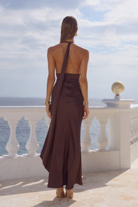 Woman in a brown dress standing on a balcony with a scenic view.