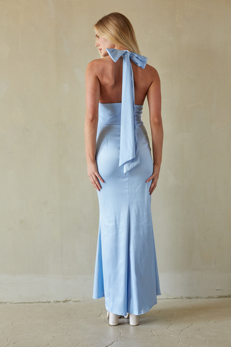 silk halter maxi dress Sage Cinched Satin Halter Maxi Dress