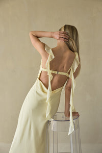 Woman wearing a light yellow dress with a sheer overlay on a beige background