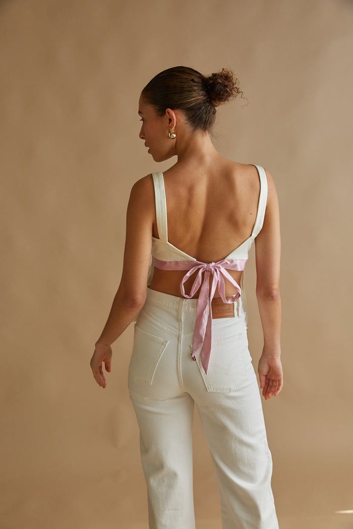 white and pink satin open back top | coquette going out tops 2024