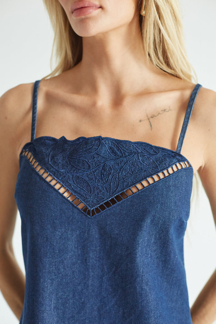 Close-up of a blue denim dress with a scalloped floral lace hem, worn by a model against a light gray background.