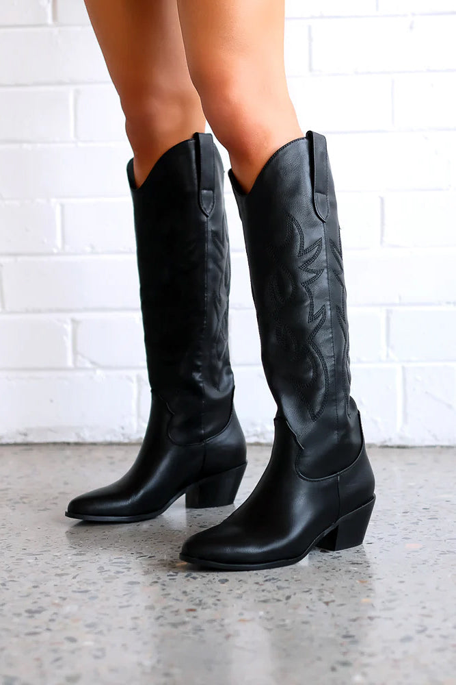 tall black faux leather western boots | staple festival boots