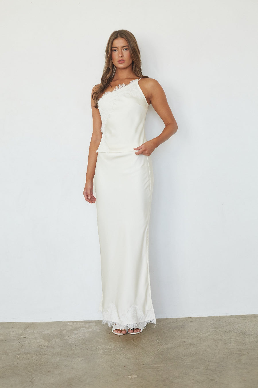 white-image | White satin lace trim maxi skirt with side slit, front view on model