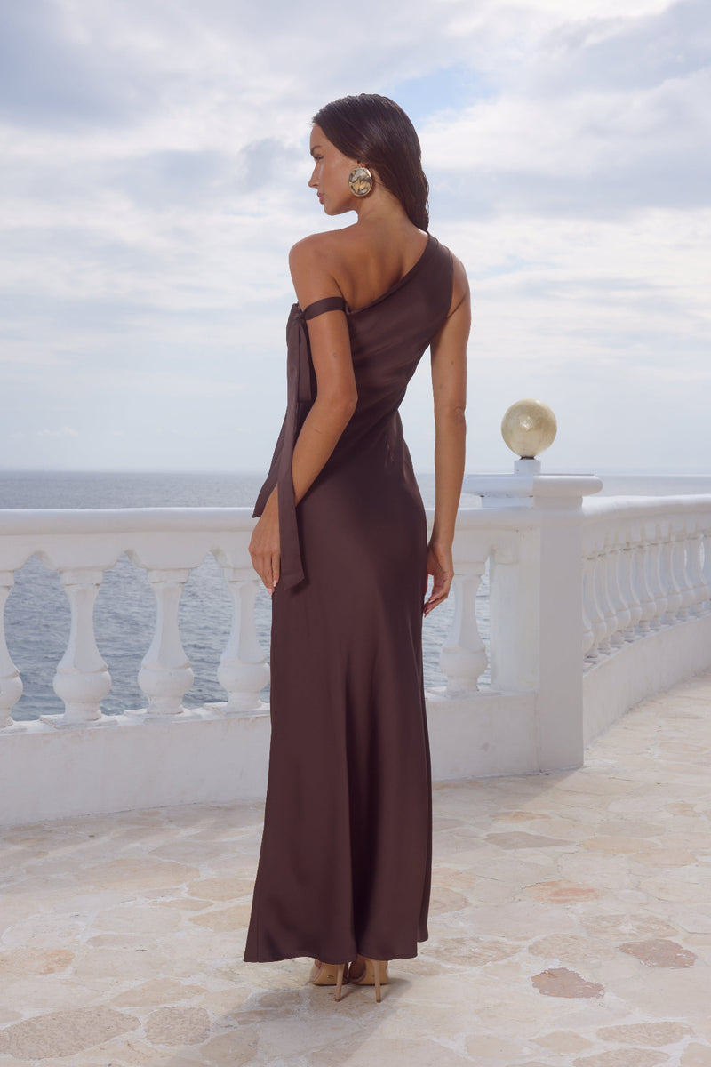 Viola One Shoulder Maxi Dress | Shop American Threads Boutique Chocolate / S Viola One Shoulder Maxi Dress | Shop American Threads Boutique Chocolate / S