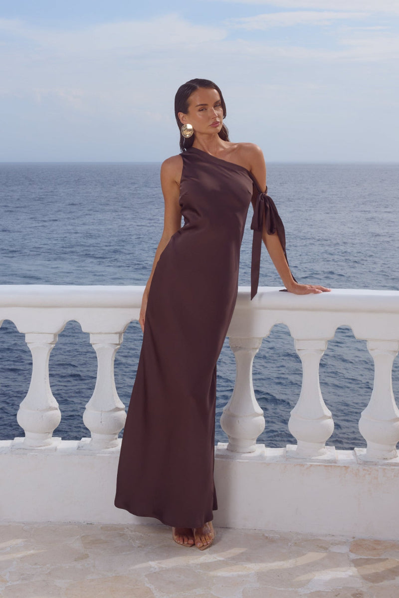 Viola One Shoulder Maxi Dress, Chocolate / S