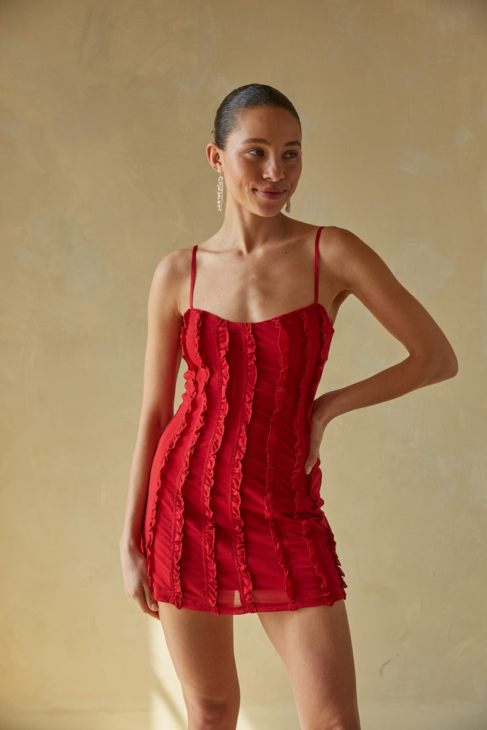 red spaghetti strap sweetheart ruffle mini dress | sexy red mini dress