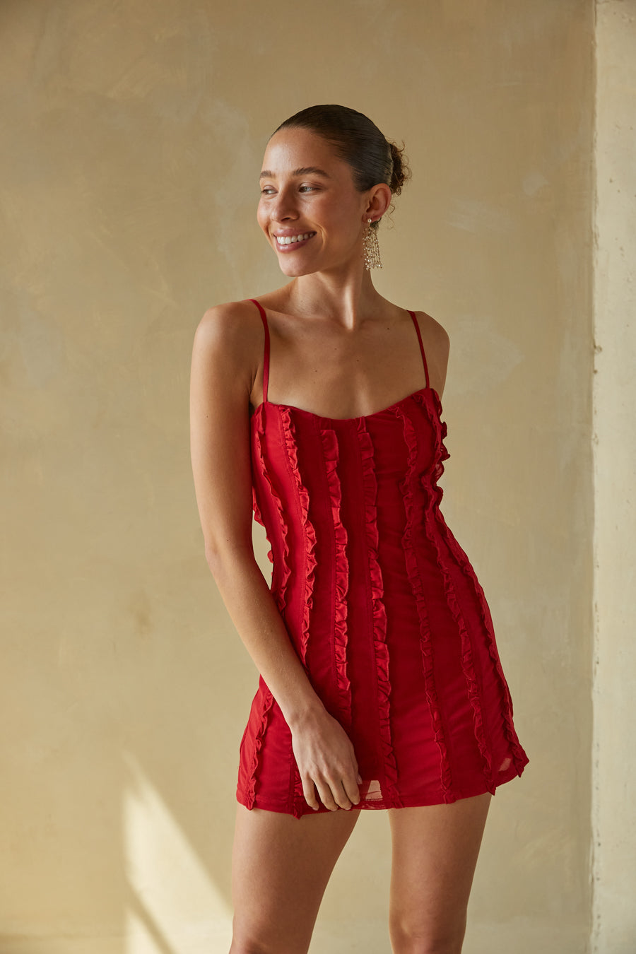 bright red sweetheart ruffle mini dress