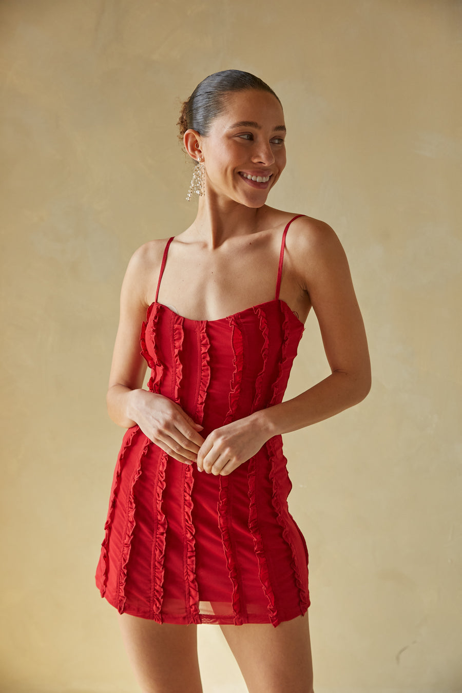 red spag strap sweetheart neck ruffle mini dress | sexy mini dresses for spring 2024