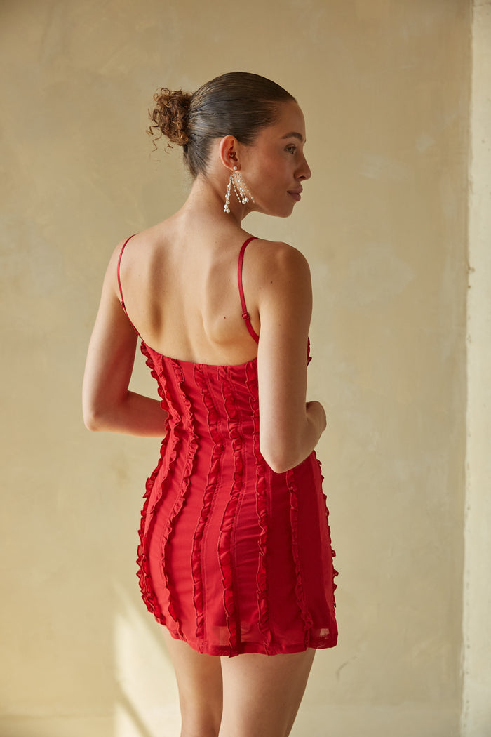 red spag strap ruffle mini dress | red cocktail dress boutique