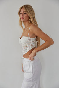 white spaghetti strap lace bustier top - white lace v hem crop top - summer vacation top