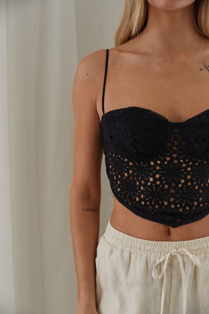 Mae Lace Crop Top in Black | Size Small | 100% Cotton | American Threads